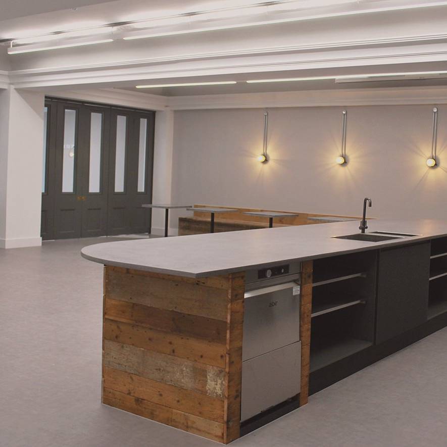 17 Hush kitchen island with micro concrete counter top and concrete vinyl floor tiles