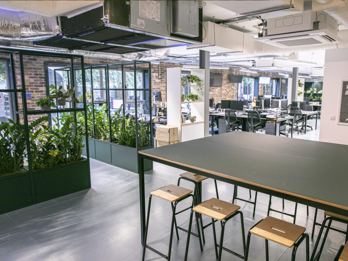 xwhy-index - industrial inspired open plan office and projects table with Office plants